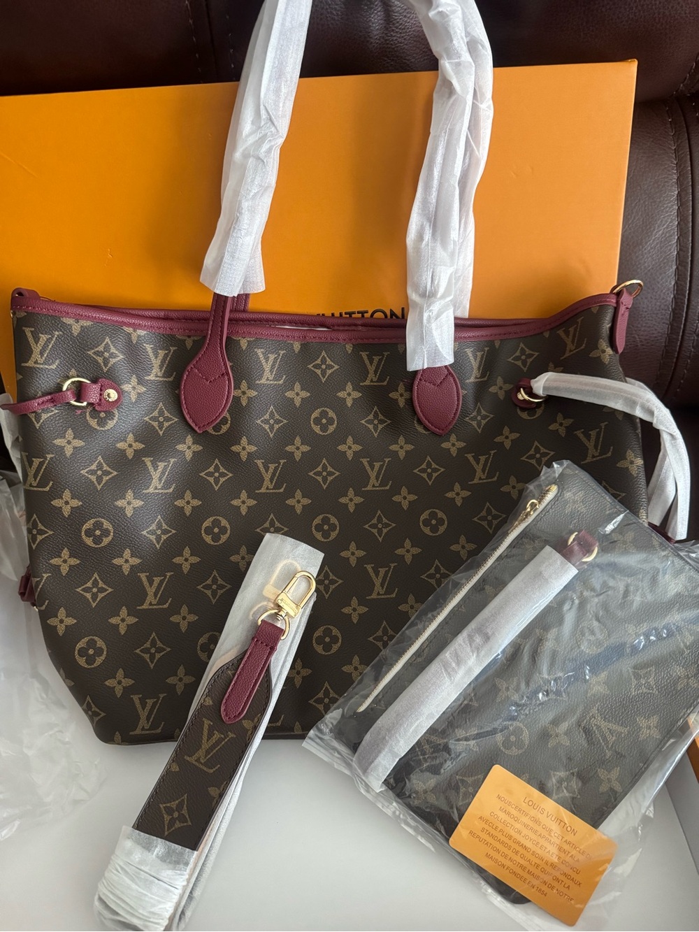 Designer Inspired Monogram Canvas Tote with Burgundy Trim and Gold Hardware